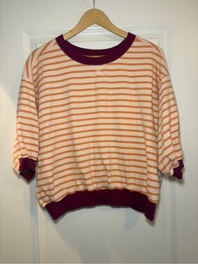 Pilcro | Cream and Orange Plum Trim Striped Short Sleeve Lightweight Sweatshirt